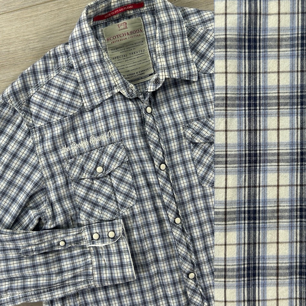 Scotch & Soda Amsterdam Couture Large Blue Plaid Snap Down Embroidered‎